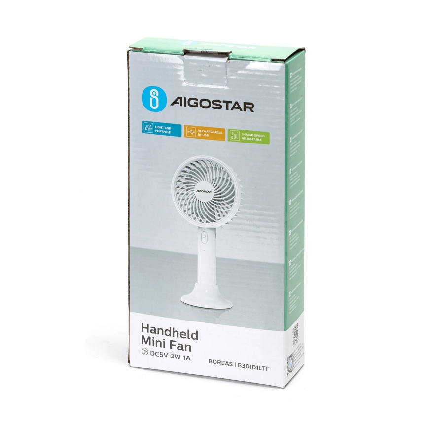 Aigostar - Uzlādējams kabatas ventilators 3W/5V 1500mAh USB balta