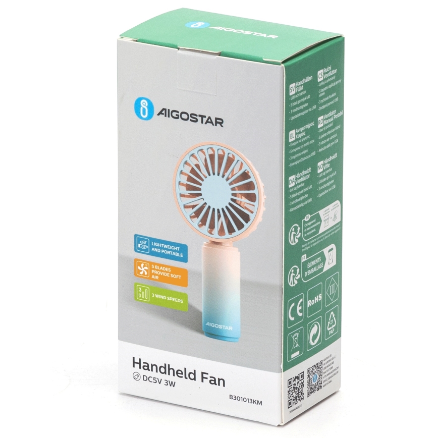 Aigostar - Uzlādējams kabatas ventilators 3W/5V 500 mAh USB rozā/zils