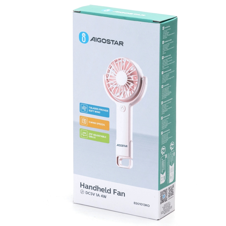 Aigostar - Uzlādējams kabatas ventilators 4,5W/3,7V 1200mAh USB rozā