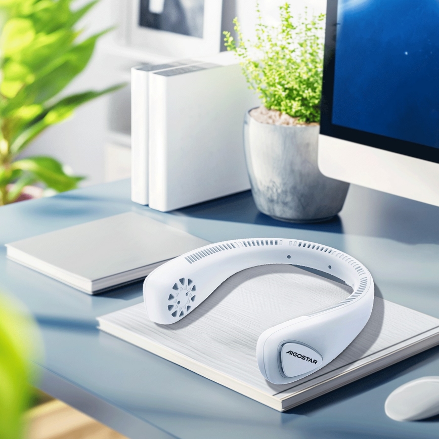 Aigostar - Uzlādējams kakla ventilators 4W/5V 2000mAh balta