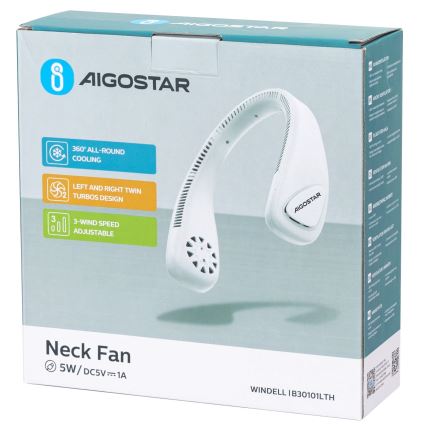 Aigostar - Uzlādējams kakla ventilators 4W/5V 2000mAh balta