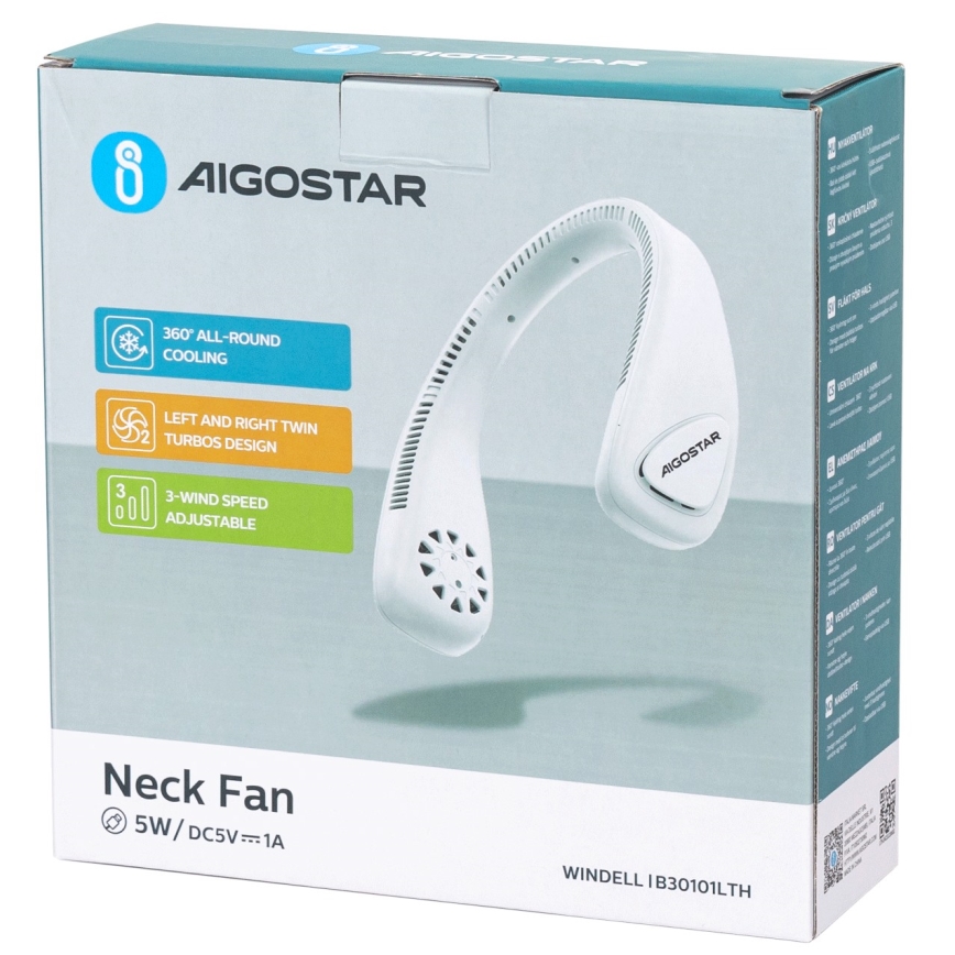 Aigostar - Uzlādējams kakla ventilators 4W/5V 2000mAh balta