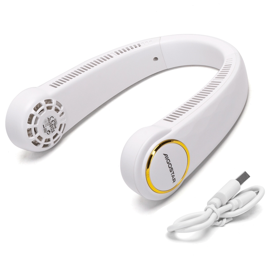 Aigostar - Uzlādējams kakla ventilators 4W/5V 2000mAh balta