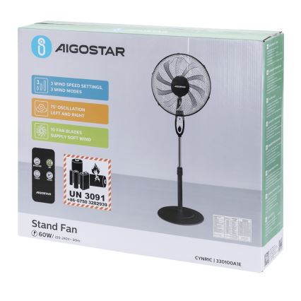 Aigostar - stāvošais ventilators 55W/230V 130 cm melns + tālvadības pults