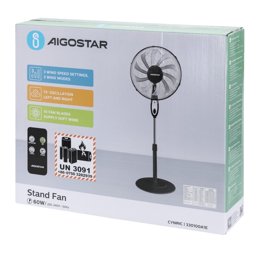 Aigostar - stāvošais ventilators 55W/230V 130 cm melns + tālvadības pults
