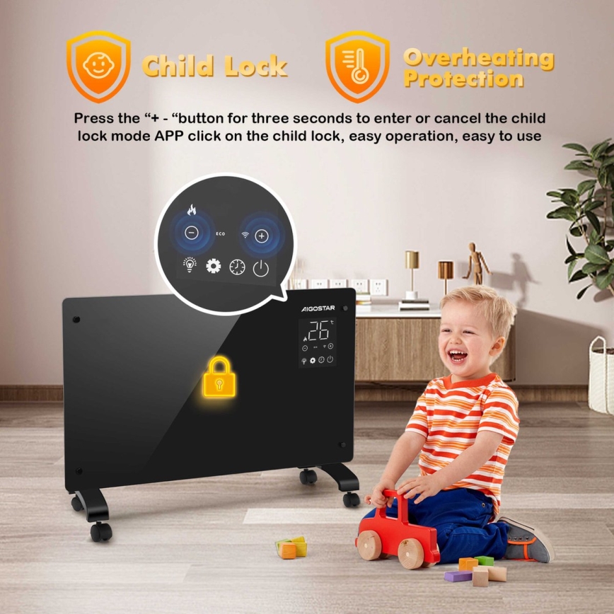 Aigostar - Viedais elektriskais tiešsildītājs/konvektors ar LCD displeju ECO/1000/2000W Wi-Fi