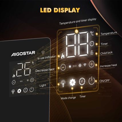 Aigostar - Viedais elektriskais tiešsildītājs/konvektors ar LCD displeju ECO/1000/2000W Wi-Fi