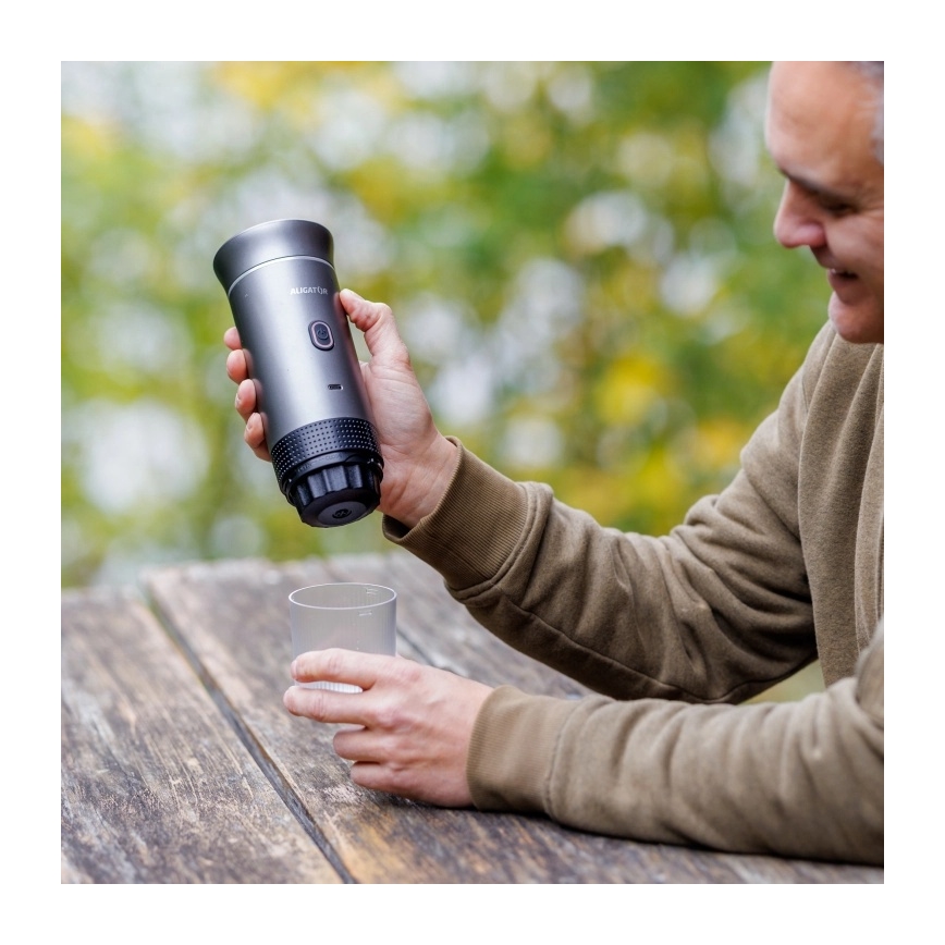 Aligator ACM002 - portatīvais uzlādējamais kafijas automāts PortaCaffé 3 vienā 72W/7500 mAh pelēks