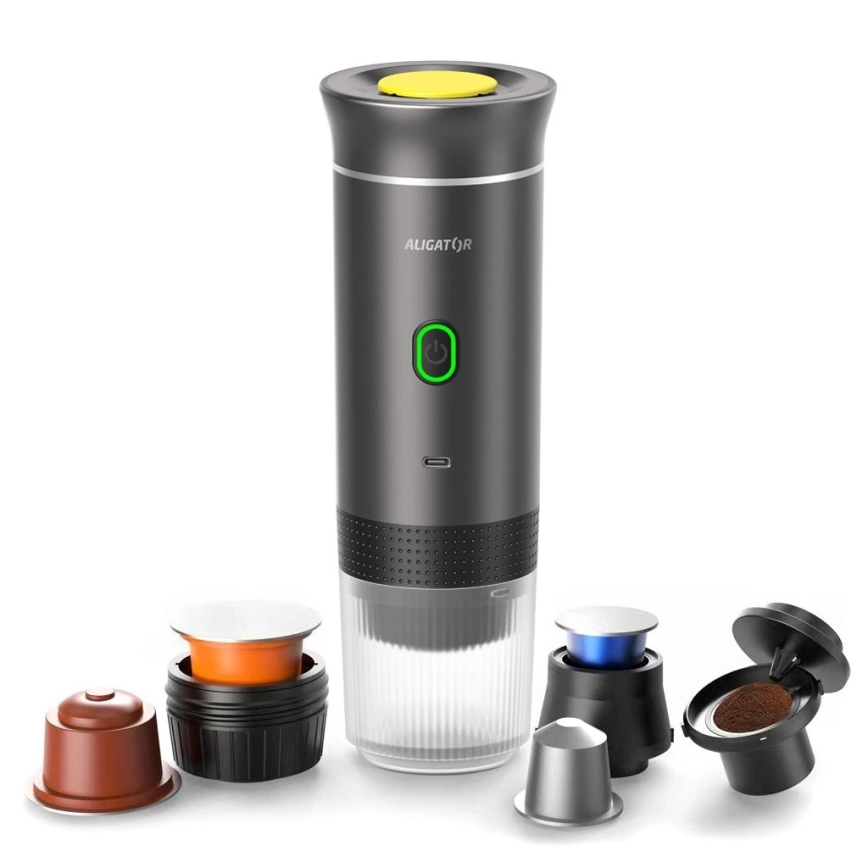 Aligator ACM002 - portatīvais uzlādējamais kafijas automāts PortaCaffé 3 vienā 72W/7500 mAh pelēks