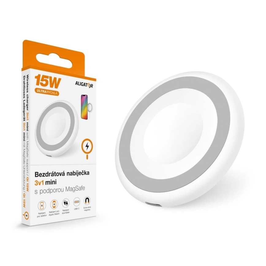 Aligator AMS08WT - MagSafe bezvadu lādētājs 3-in-1, 15 W, balts
