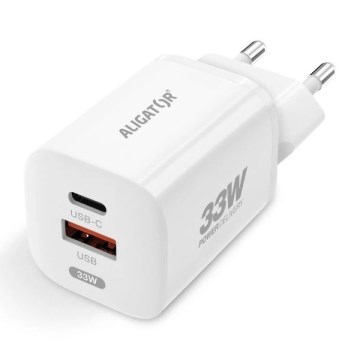 Aligator CHPD0020 - ātrās uzlādes GaN Power Delivery adapters 33W USB-A + USB-C, balts