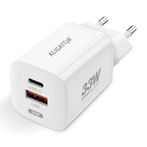 Aligator CHPD0020 - ātrās uzlādes GaN Power Delivery adapters 33W USB-A + USB-C, balts