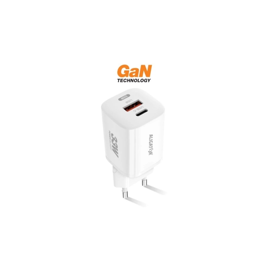 Aligator CHPD0020 - ātrās uzlādes GaN Power Delivery adapters 33W USB-A + USB-C, balts