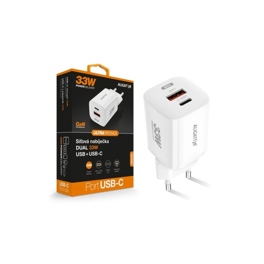Aligator CHPD0020 - ātrās uzlādes GaN Power Delivery adapters 33W USB-A + USB-C, balts