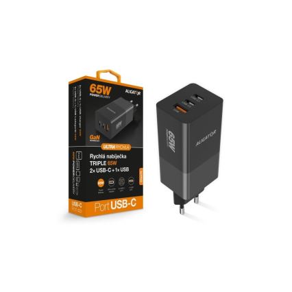 Aligator CHPD0027 - Ātrās uzlādes GaN Power Delivery adapteris 65W 2xUSB-C + USB-A melns