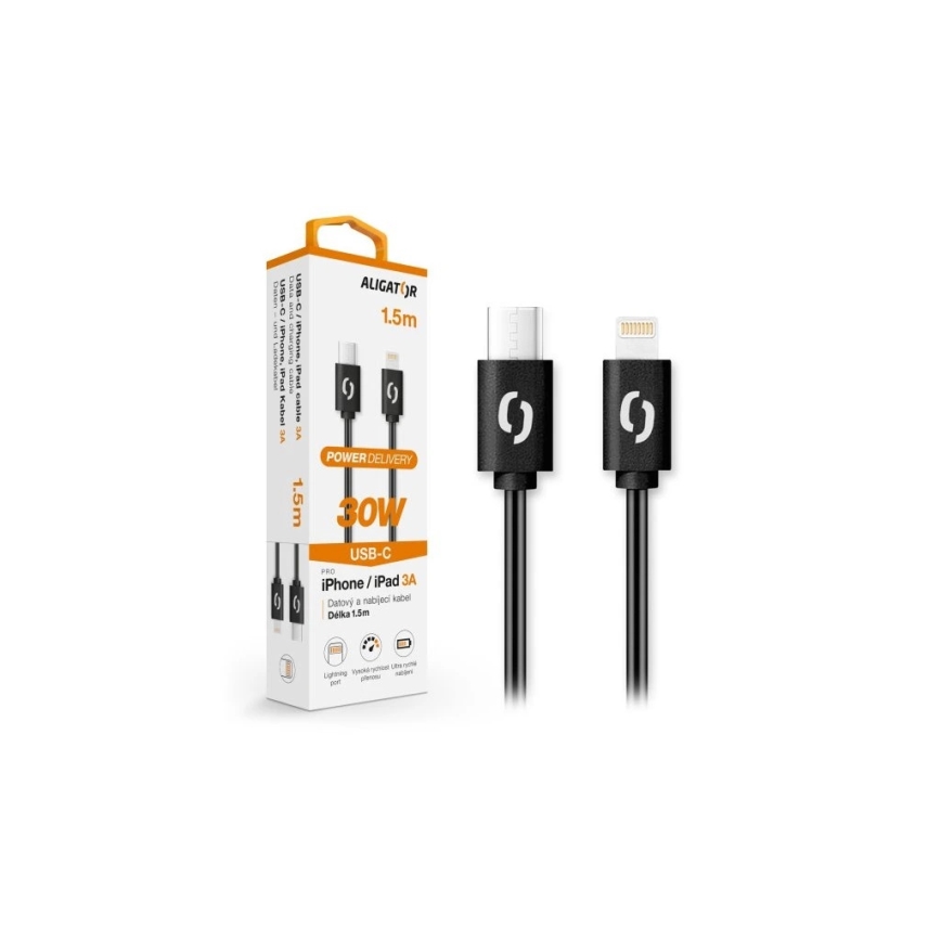 Aligator DATKP50 - USB kabelis USB-C / Lightning, 30 W Power Delivery, 1,5 m, melns