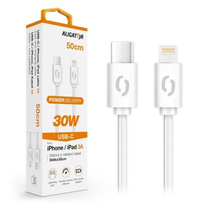 Aligator DATKP57 - USB kabelis USB-C / Lightning 30W Power Delivery 0,5m balts