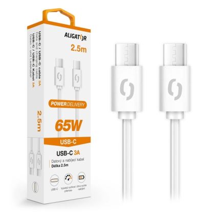 Aligator DATKP59 - USB kabelis USB-C / USB-C, 65 W Power Delivery, 2,5 m, balts