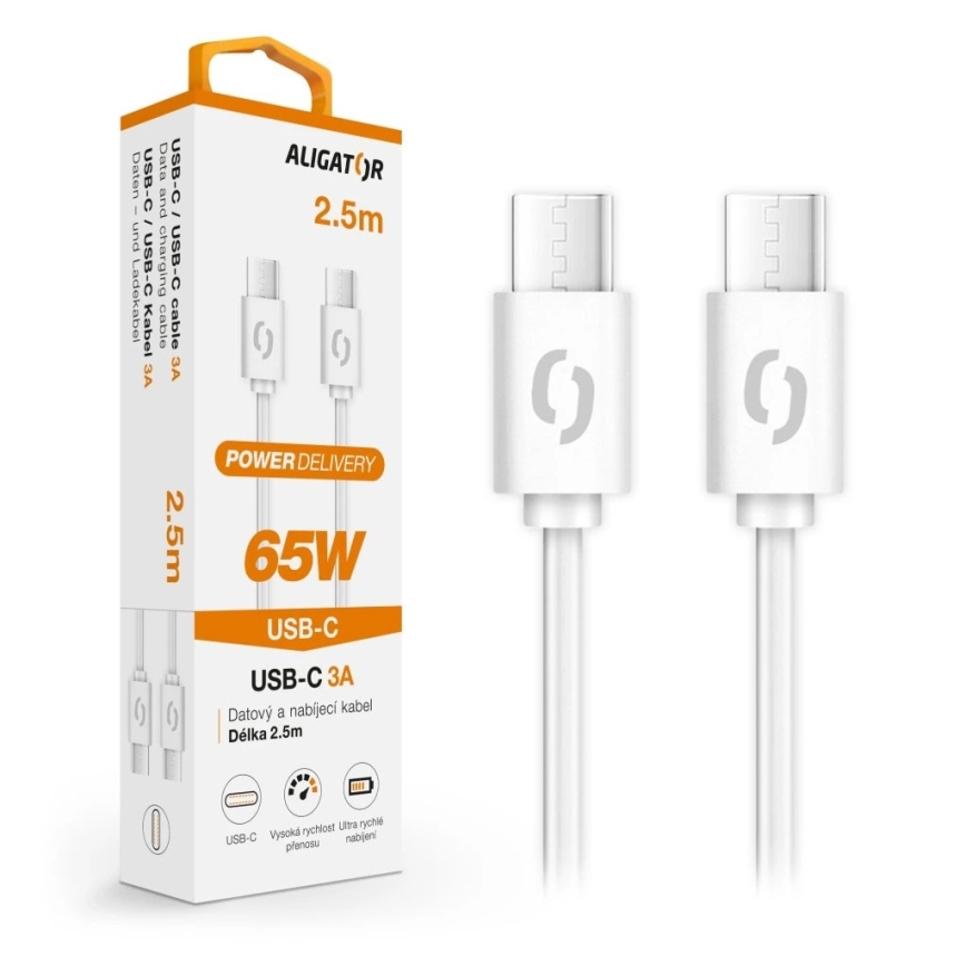 Aligator DATKP59 - USB kabelis USB-C / USB-C, 65 W Power Delivery, 2,5 m, balts