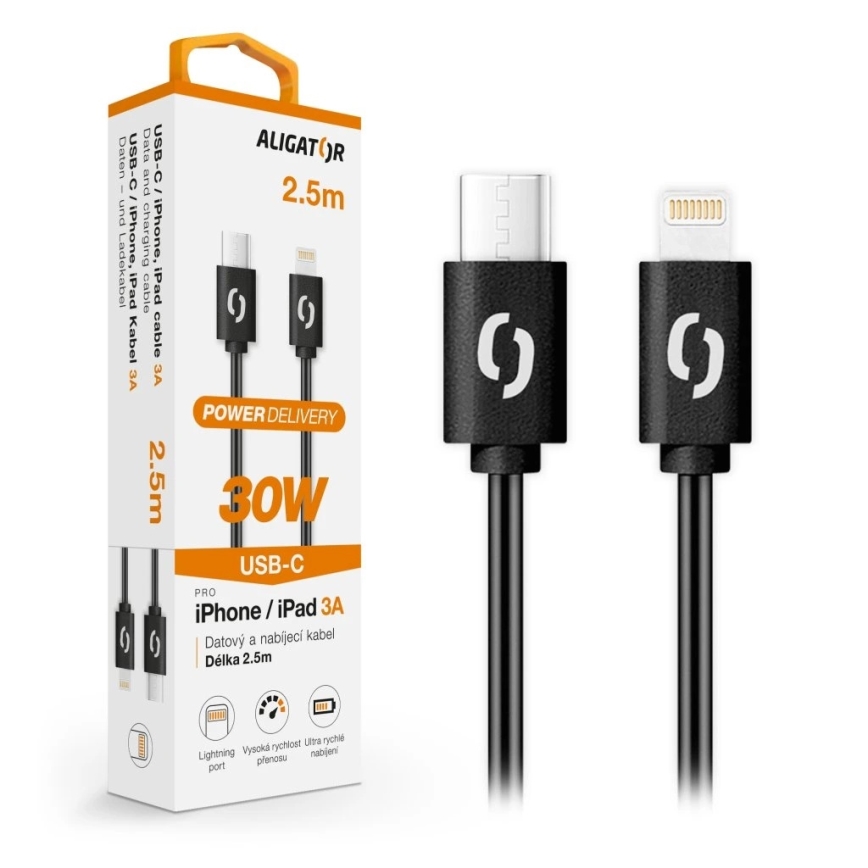 Aligator DATKP60 - USB kabelis USB-C / Lightning, 30 W Power Delivery, 2,5 m, melns