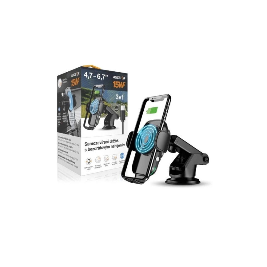 Aligator HAK2 - automātiski aizverams telefona turētājs automašīnai ar Qi 15W bezvadu uzlādi, melns