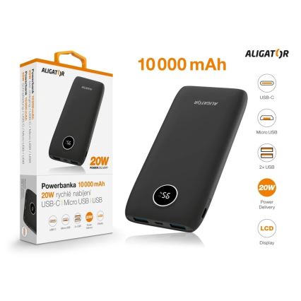 Aligator PBPD10BK - Powerbank ar LCD displeju Power Delivery 10000 mAh/20W/3,7V melna