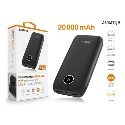 Aligator PBPD20BK - Power banka ar LCD displeju Power Delivery 20000 mAh/20W/3,7V melna
