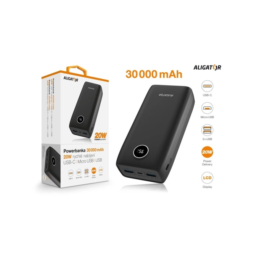 Aligator PBPD30BK - Power banka ar LCD displeju Power Delivery 30000 mAh/20W/3,7V melna
