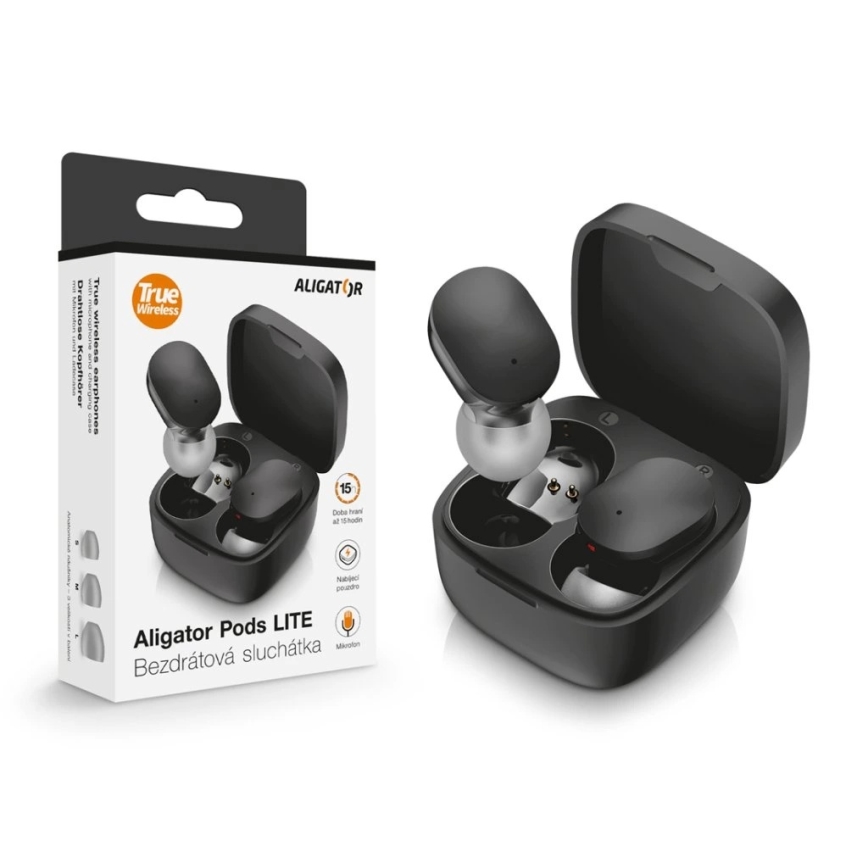 Aligator TWS05 - Bezvadu austiņas Pods LITE 200 mAh + 2x 30 mAh IP30 melnas
