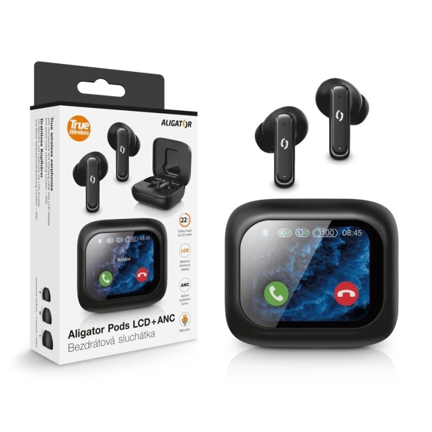 Aligator TWS07 - Bezvadu Pods austiņas ar LCD un ANC, 400 mAh + 2x 40 mAh, melnas