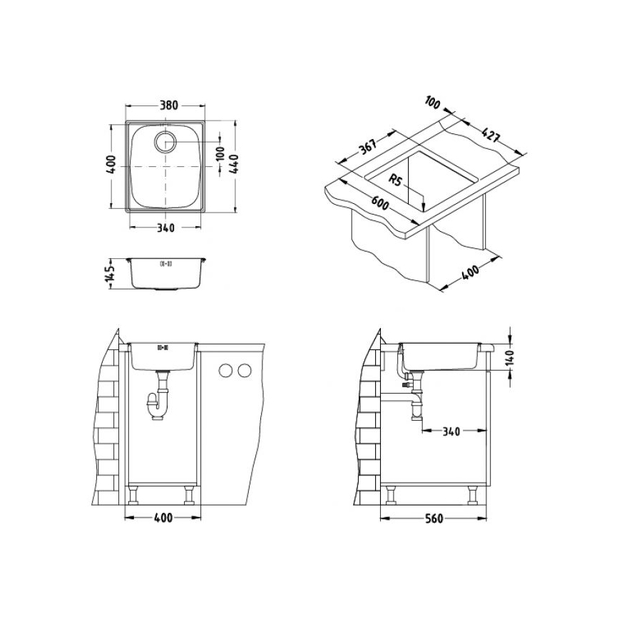 ALVEUS 1082195 - Virtuves izlietne BASIC 44x38 cm matēts tērauds/satīna, liela izplūdes vieta