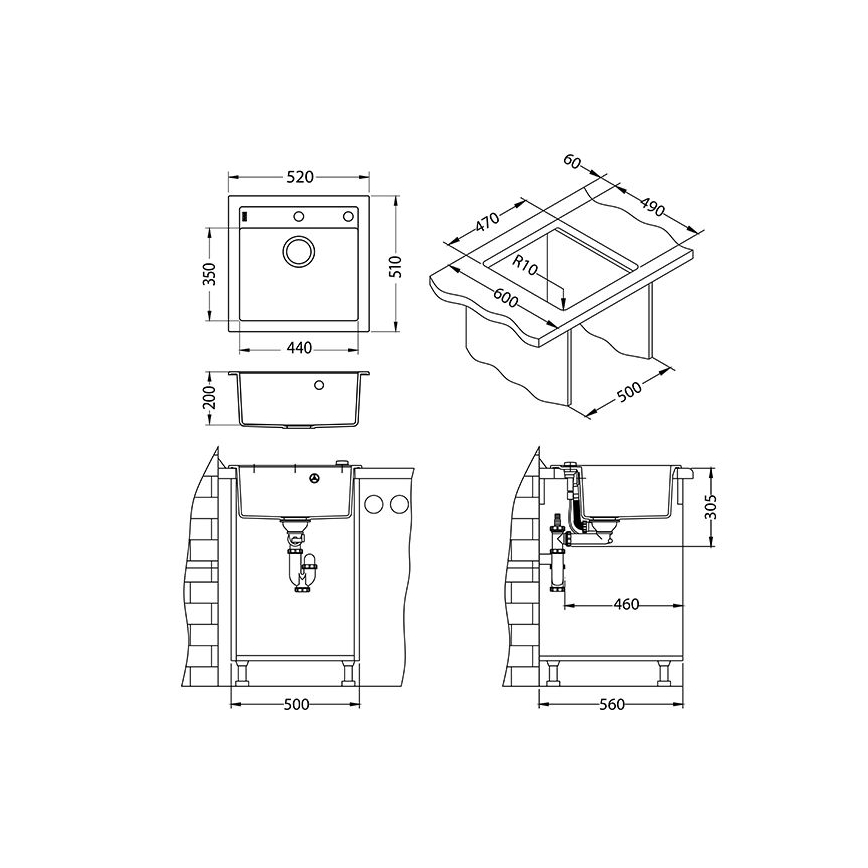 ALVEUS 1128395 - Virtuves izlietne FORMIC 52x51 cm granīts/balta
