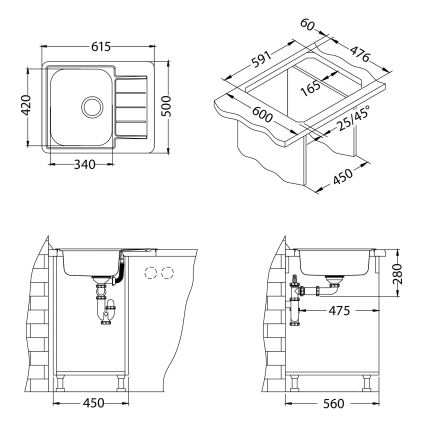 ALVEUS 1144603 - Virtuves izlietne LINE 61,5x50 cm, nerūsējošā tērauda satīna apdare, bez ekscentra