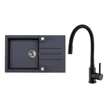 ALVEUS SETA23201 - Virtuves izlietne ROCK 78x48 cm + izlietnes jaucējkrāns ar elastīgu izteces kaklu MINTAS 34 cm, granīta apdare/matēta melna