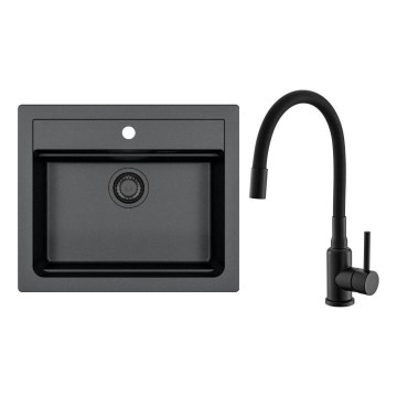 ALVEUS SETA23228 - Virtuve izlietne ATROX 59x50 cm + jaucējkrāns ar elastīgu uzgali MINTAS 34 cm granīts/matēts melns