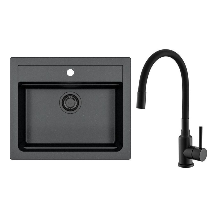 ALVEUS SETA23228 - Virtuve izlietne ATROX 59x50 cm + jaucējkrāns ar elastīgu uzgali MINTAS 34 cm granīts/matēts melns
