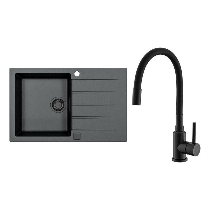 ALVEUS SETA23231 - Virtuves izlietne CADIT 79x50 cm + izlietnes jaucējkrāns ar elastīgu izteces kaklu MINTAS 34 cm granīts/matēti melns