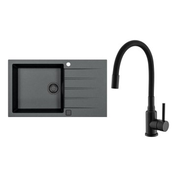 ALVEUS SETA23232 - Virtuves izlietne CADIT 86x50 cm + izlietnes jaucējkrāns ar elastīgu snīpi MINTAS 34 cm, granīts/matēta melna