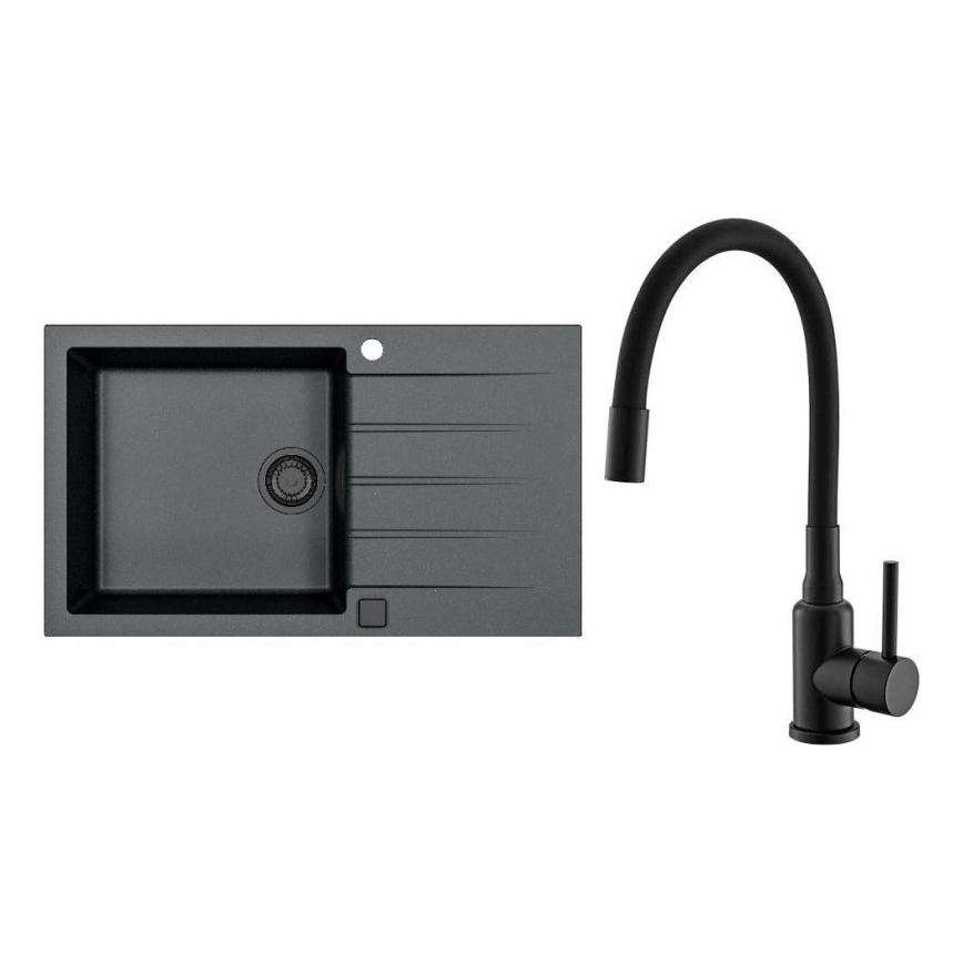 ALVEUS SETA23232 - Virtuves izlietne CADIT 86x50 cm + izlietnes jaucējkrāns ar elastīgu snīpi MINTAS 34 cm, granīts/matēta melna