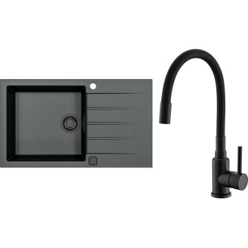 ALVEUS SETA23232 - Virtuves izlietne CADIT 86x50 cm + jaucējkrāns ar elastīgu rokturi MINTAS 34 cm granīts/matēts melns