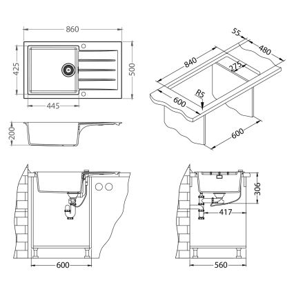 ALVEUS SETA23232 - Virtuves izlietne CADIT 86x50 cm + jaucējkrāns ar elastīgu rokturi MINTAS 34 cm granīts/matēts melns