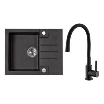 ALVEUS SETA23236 - ROCK virtuves izlietne 59,5x47,5 cm + MINTAS 34 cm izlietnes jaucējkrāns ar elastīgu iztecējsprauslu, granīta/matēta melna