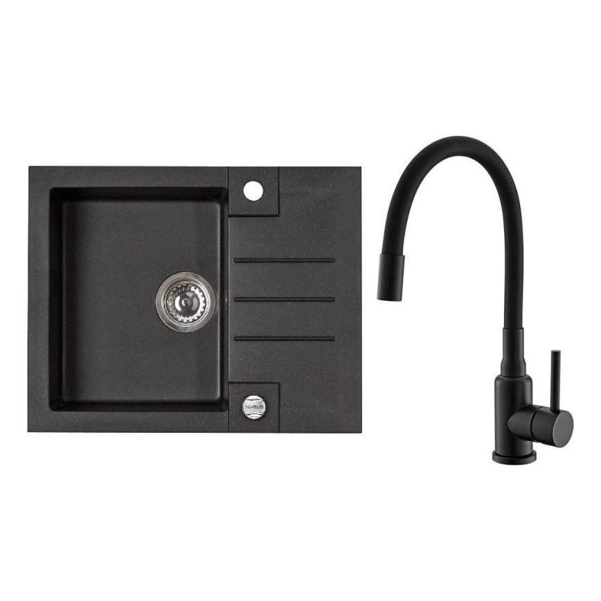 ALVEUS SETA23236 - ROCK virtuves izlietne 59,5x47,5 cm + MINTAS 34 cm izlietnes jaucējkrāns ar elastīgu iztecējsprauslu, granīta/matēta melna