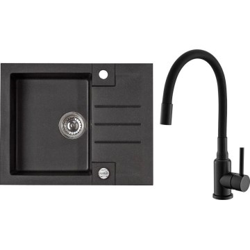 ALVEUS SETA23236 - Virtuves izlietne ROCK 59,5x47,5 cm + izlietnes jaucējkrāns ar elastīgu rokturi MINTAS 34 cm granīts/matēts melns