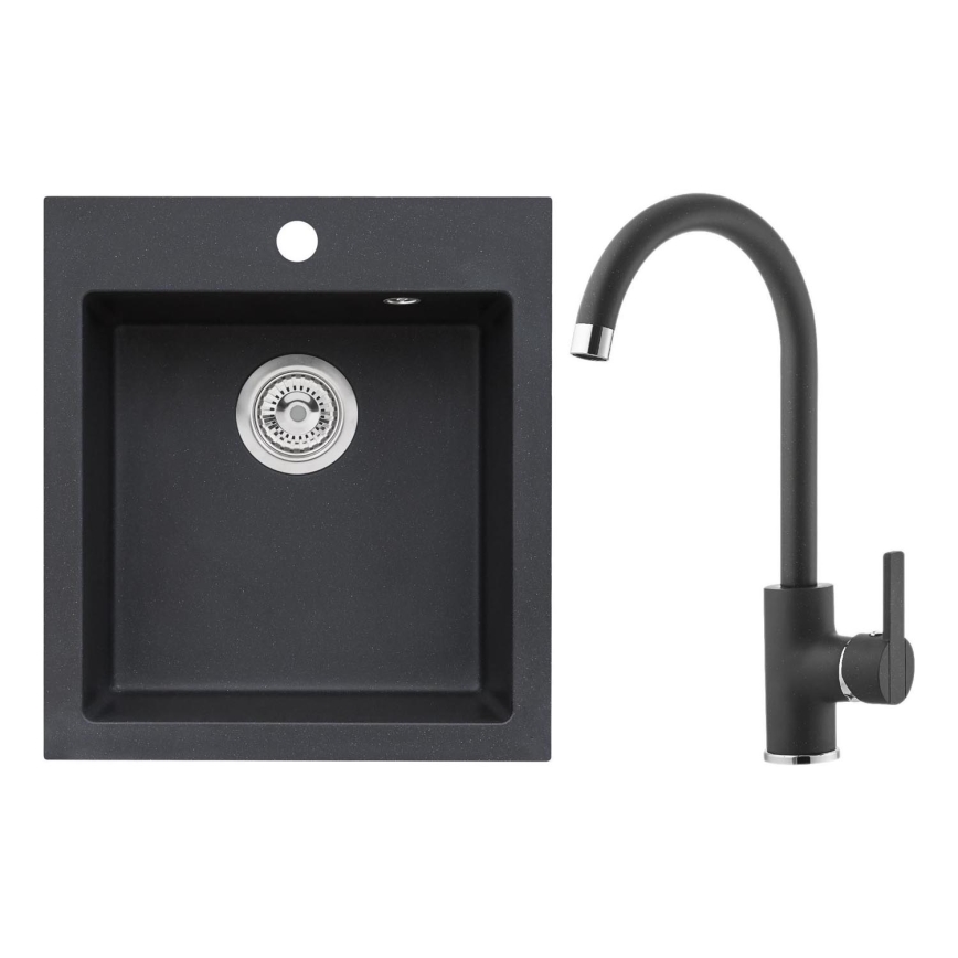 ALVEUS SETA737 - Virtuves izlietne CORTINA 50x45 cm + maisītājs ar elastīgu rokturi TONIA 29,5 cm granīts/matēts melns