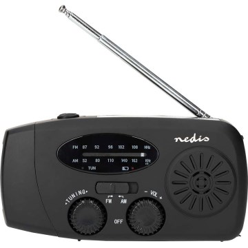 AM/FM radio ar rokas kloķi, saules paneli un 2000 mAh akumulatoru — iebūvēts LED lukturis