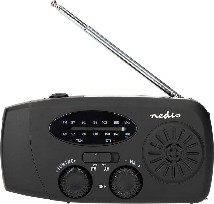 AM/FM radio ar rokas kloķi, saules paneli un 2000 mAh akumulatoru — iebūvēts LED lukturis