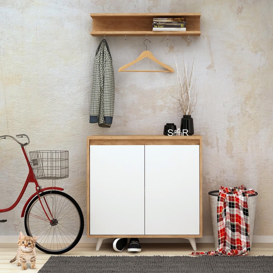 Apavu skapis OBSOYO 100x80 cm + sienas pakaramais 15x80 cm brūna/balta