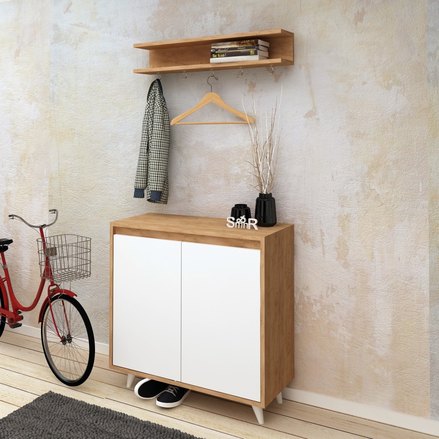 Apavu skapis OBSOYO 100x80 cm + sienas pakaramais 15x80 cm brūna/balta
