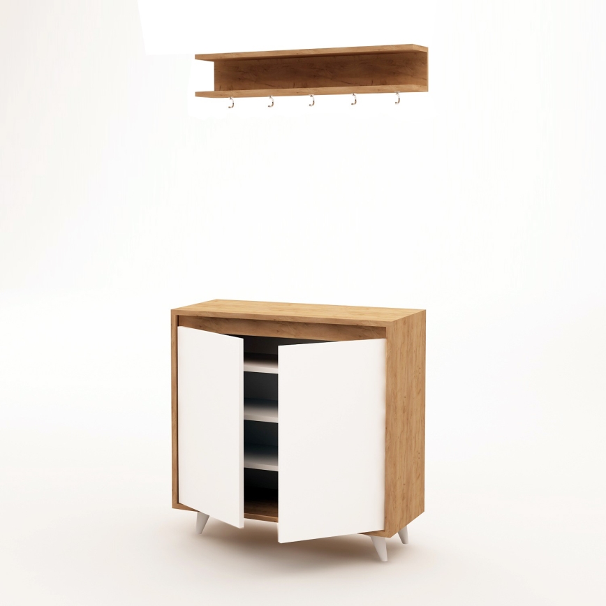 Apavu skapis OBSOYO 100x80 cm + sienas pakaramais 15x80 cm brūna/balta
